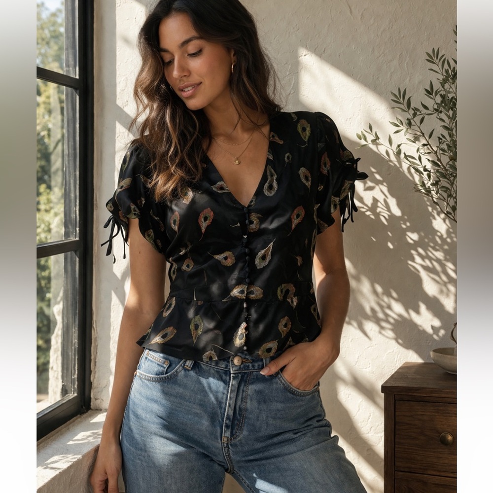 Madewell black Silk Peacock Print Blouse Boho Cottagecore Button Front Top